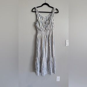 Lush cotton linen blend sleeveless tiered blue ivory striped dress medium